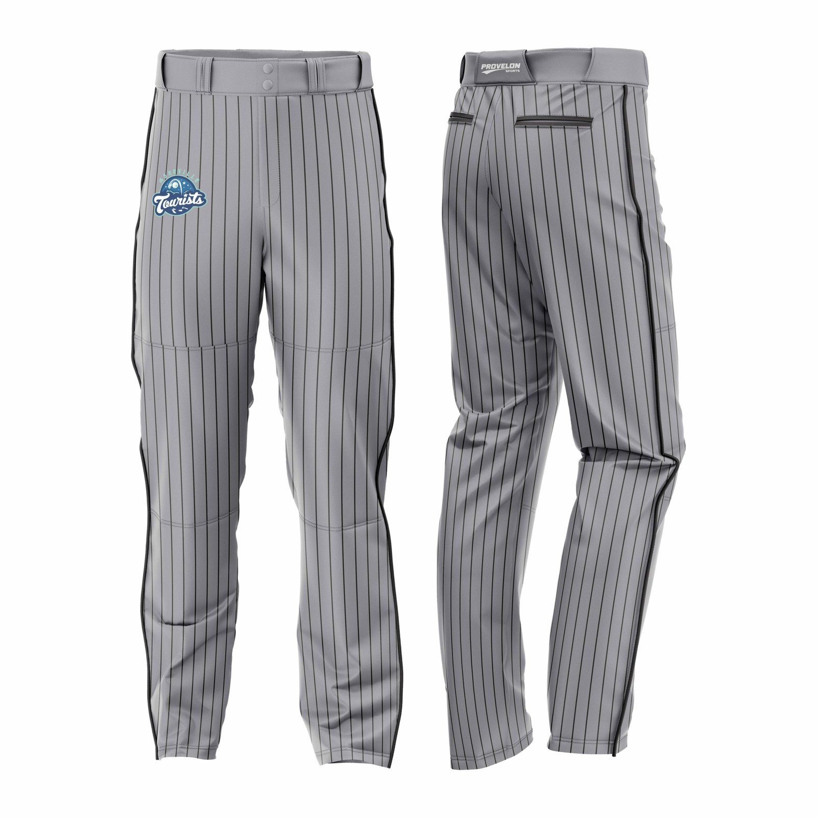 Custom sublimated baseball pants in grey pinstripe with black side panel