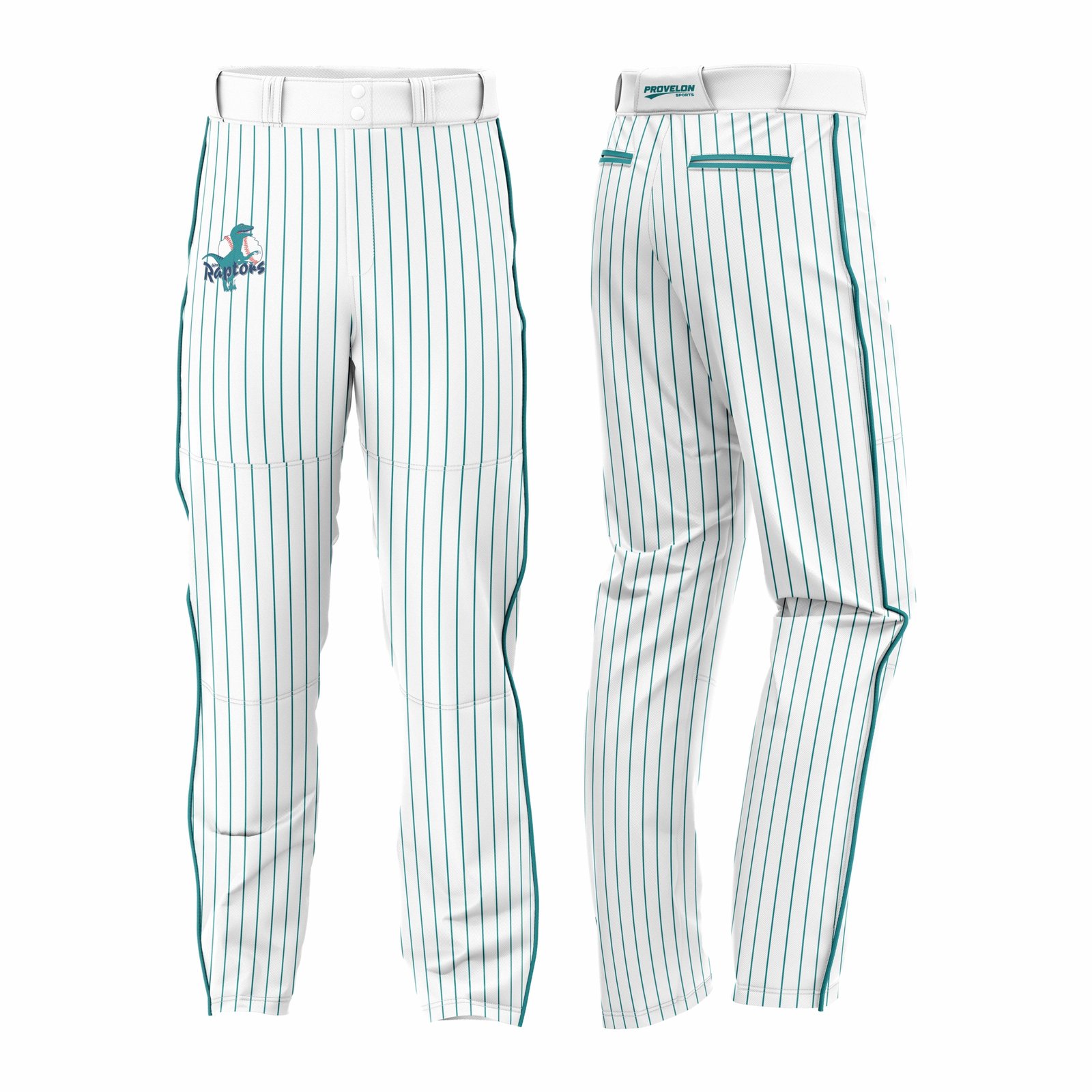 Custom sublimated baseball pants in white pinstripe with blue side panel
