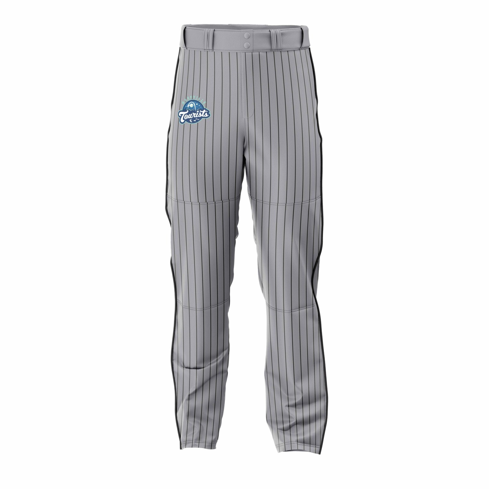 Custom sublimated baseball pants in grey pinstripe with black side panel
