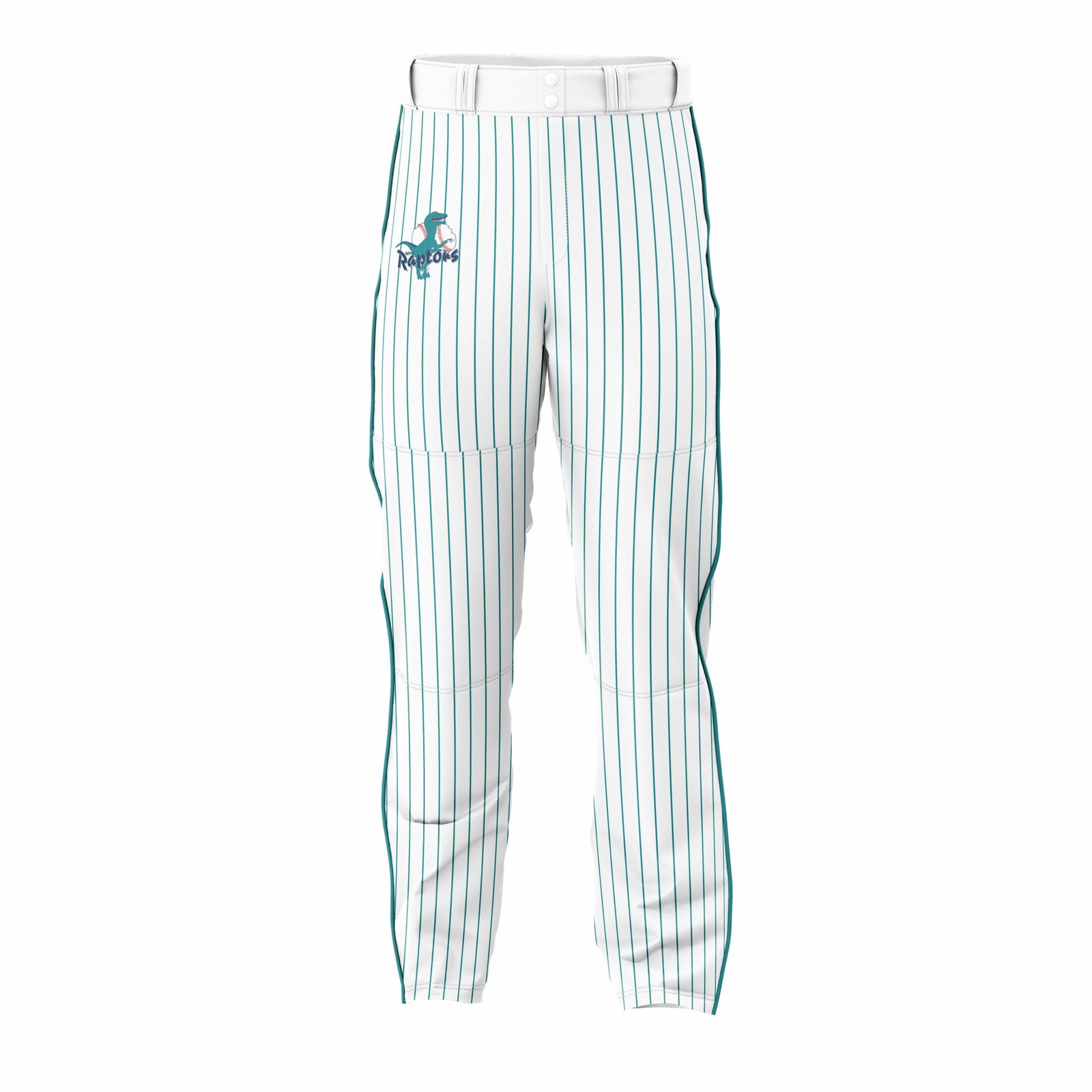 Custom sublimated baseball pants in white pinstripe with blue side panel